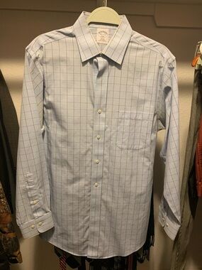 Brooks Brothers Light Blue Windowpane Dress Shirt with Red Lines